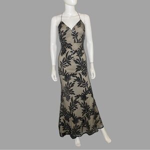 Sheer Black & Tan Lining Embroidered Halter Slip Maxi‎ Dress